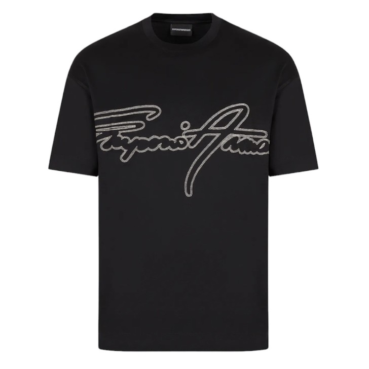 Emporio Armani T-Shirt Nera a manica corta in jersey in misto cotone e Tencel con maxi logo lettering ricamato