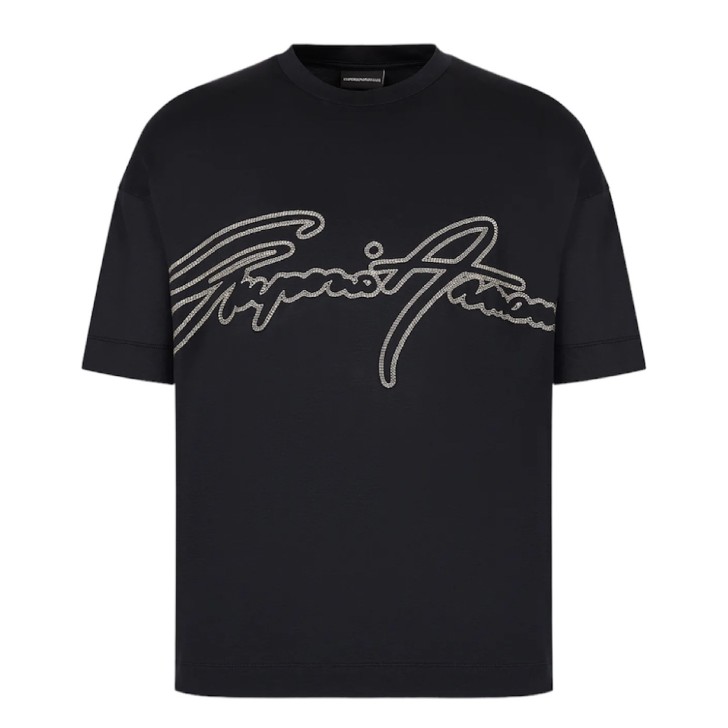 Emporio Armani T-Shirt Blu Navy a manica corta in jersey in misto cotone e Tencel con maxi logo lettering ricamato