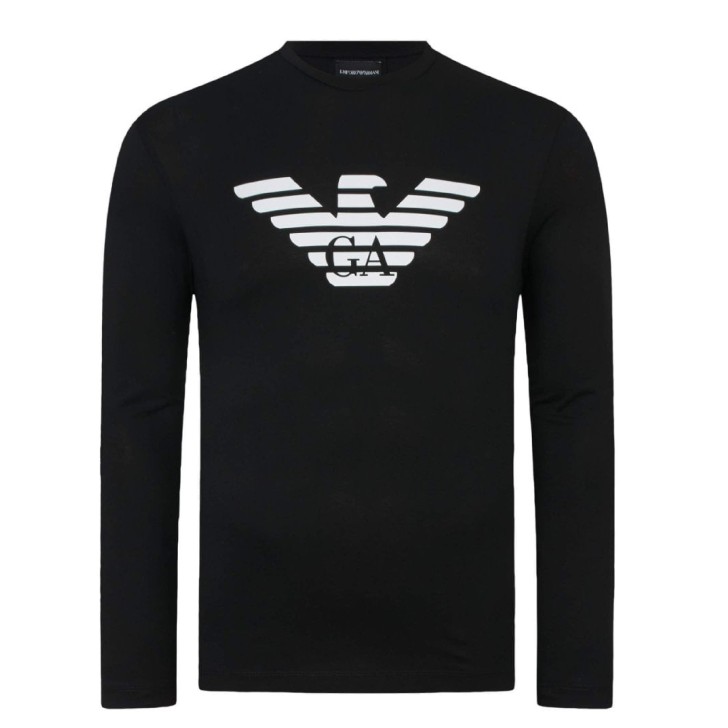 Emporio Armani T-Shirt Nera in cotone a manica lunga con maxi logo Aquila stampato