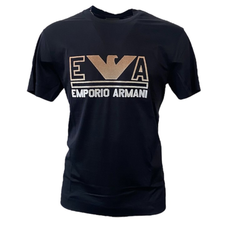 Emporio Armani T-Shirt Blu Navy a manica corta in jersey misto cotone e Tencel con maxi logo lettering e logo Aquila Arancione