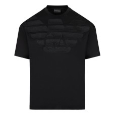 Emporio Armani T-shirt Nera a manica corta in jersey misto cotone e Tencel con maxi logo Aquila ricamato