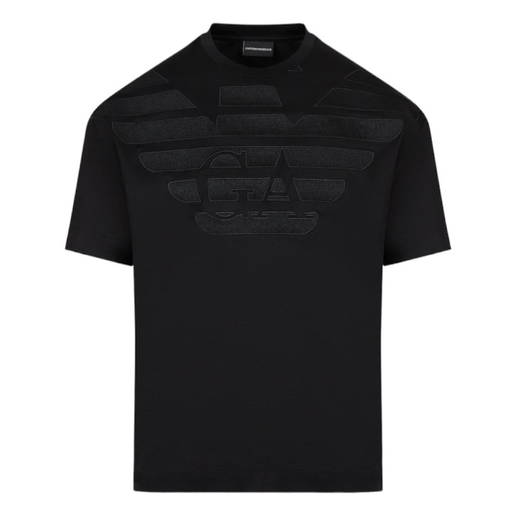 Emporio Armani T-shirt Nera a manica corta in jersey misto cotone e Tencel con maxi logo Aquila ricamato