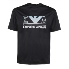 Emporio Armani T-Shirt Blu Navy a manica corta in jersey misto cotone e Tencel con maxi logo lettering e logo Aquila Azzurro