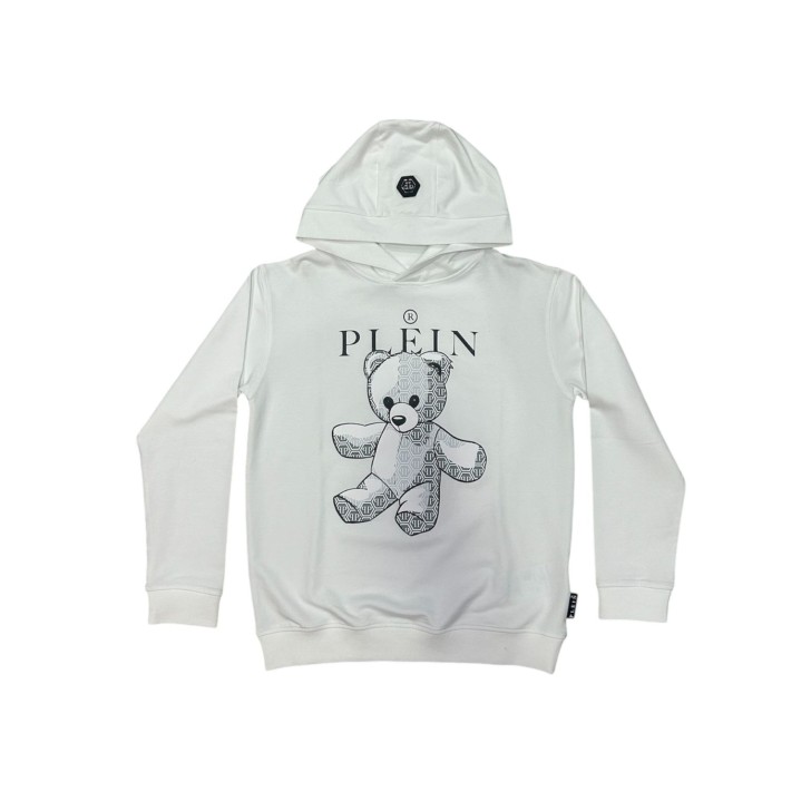 Philipp Plein Felpa con cappuccio bianca con maxi logo PLEIN e orsetto Teddy nella parte anteriore