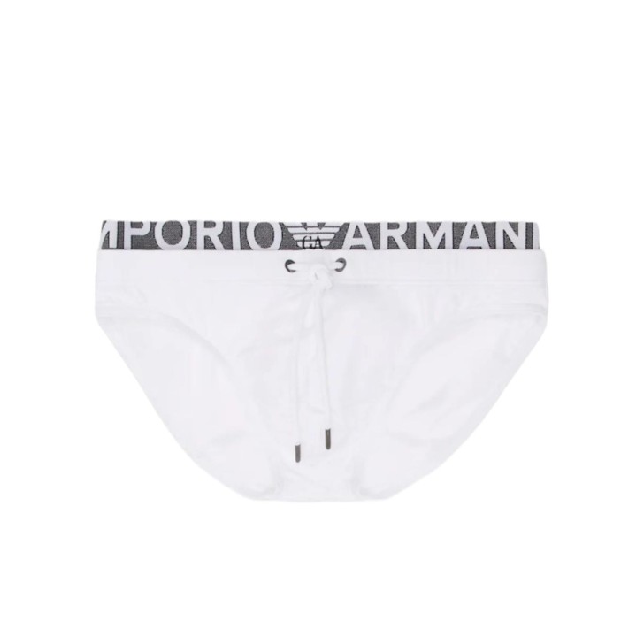 Emporio Armani Slip da Mare Bianco in microfibra riciclato con coulisse e vita elasticizzata logata