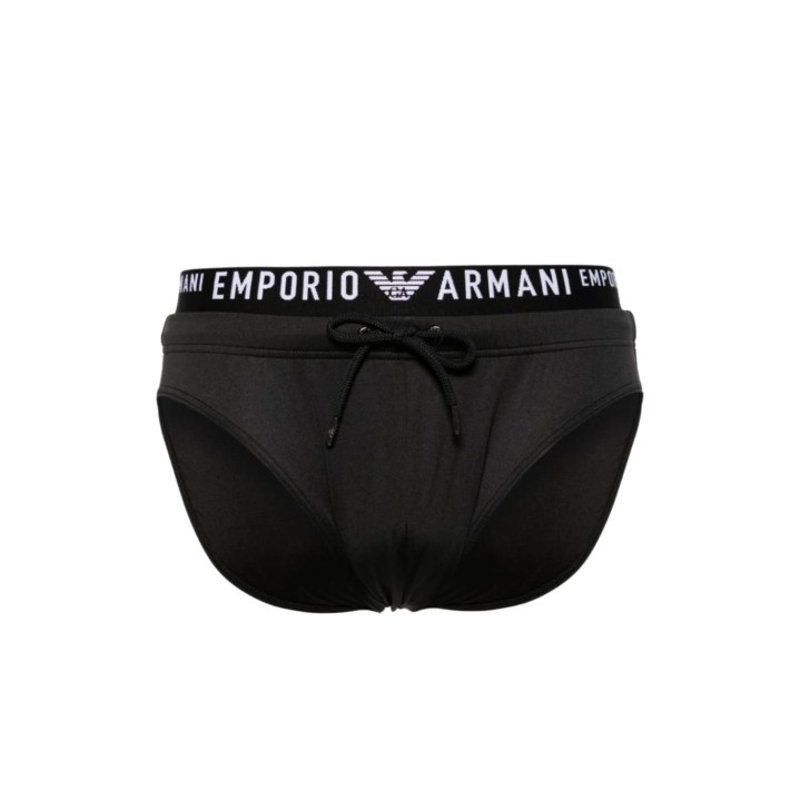 EMPORIO ARMANI SLIP DA MARE BLACK CON ELASTICO IN VITA CON LOGO LETTERING WHITE