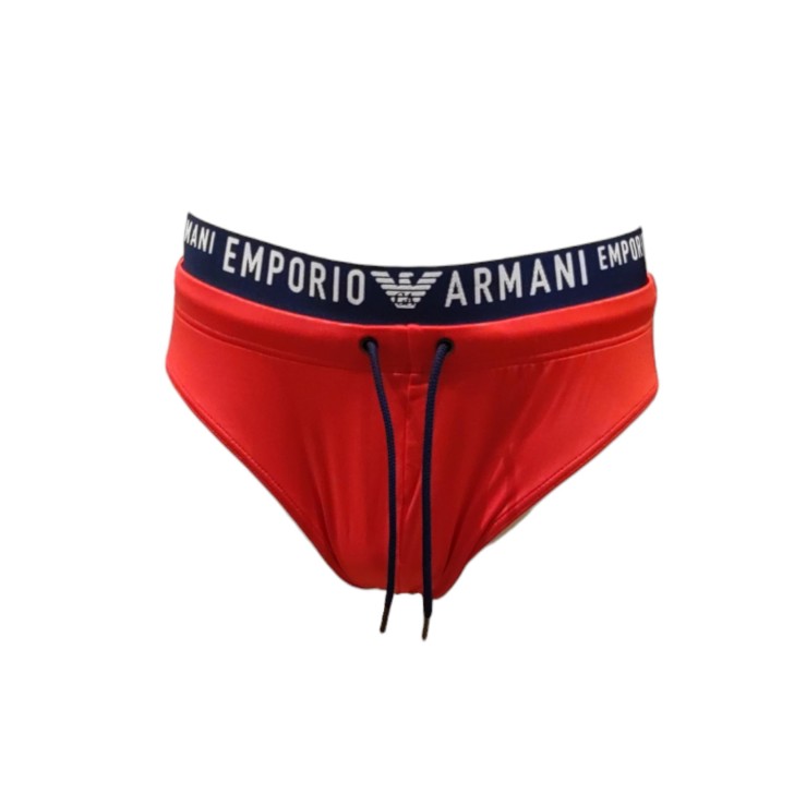 EMPORIO ARMANI SLIP DA MARE RED CON ELASTICO IN VITA BLU NAVY E LOGO LETTERING WHITE