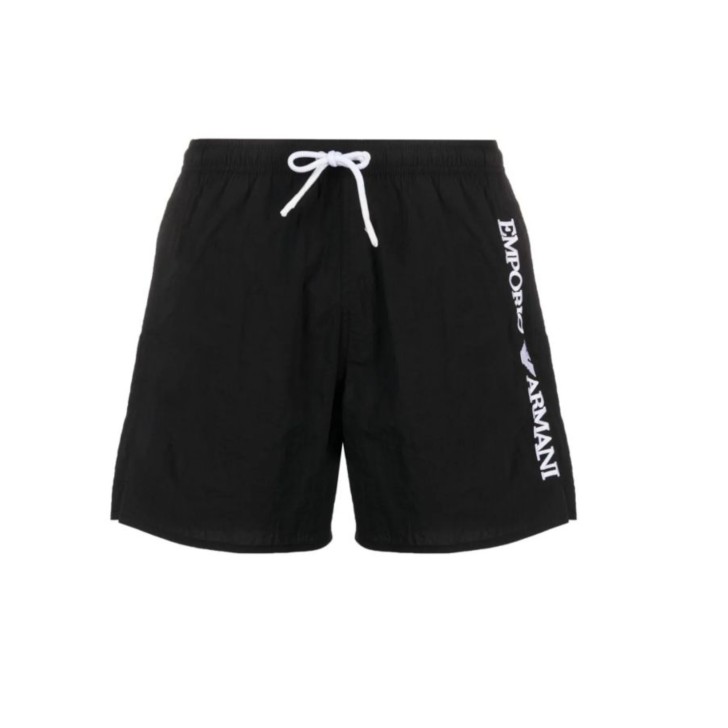 EMPORIO ARMANI BOXER DA MARE BLACK CON LOGO LETTERING WHITE RICAMATO 