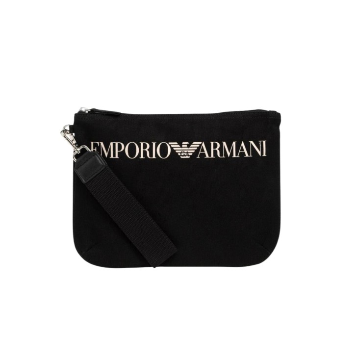 EMPORIO ARMANI POCHETTE BLACK IN TESSUTO CON LACCIO DA POLSO E LOGO LETTERING 