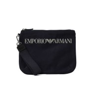 EMPORIO ARMANI POCHETTE BLU NAVY IN TESSUTO CON LACCIO DA POLSO E LOGO LETTERING 