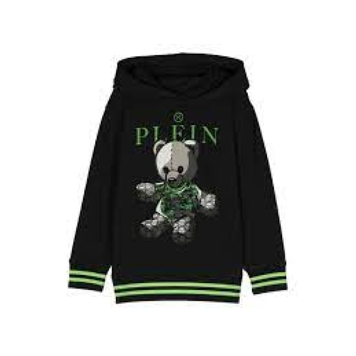 Philipp Plein Felpa nera in cotone con cappuccio e maxi logo PLEIN e orsetto Teddy con logo PP All Over e strass