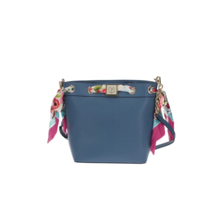 Pollini Borsa a secchiello Azzurra con tracolla regolabile estraibile e foulard floreale