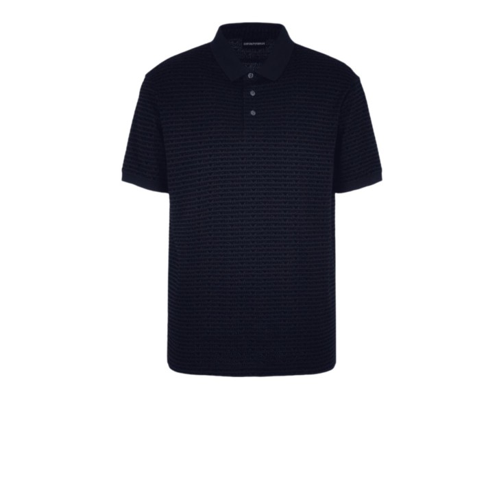 EMPORIO ARMANI POLO SHIRT A MANICA CORTA BLU NAVY CON LOGO LETTERING ALL OVER TONO SU TONO 