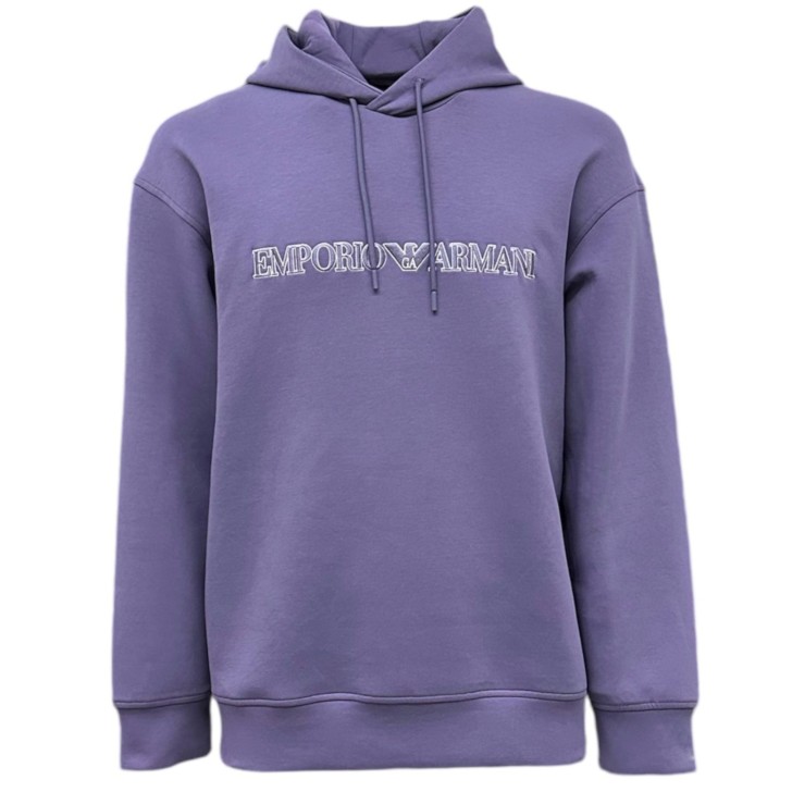 EMPORIO ARMANI SWEATSHIRT VIOLA CON CAPPUCCIO E LOGO LETTERING	