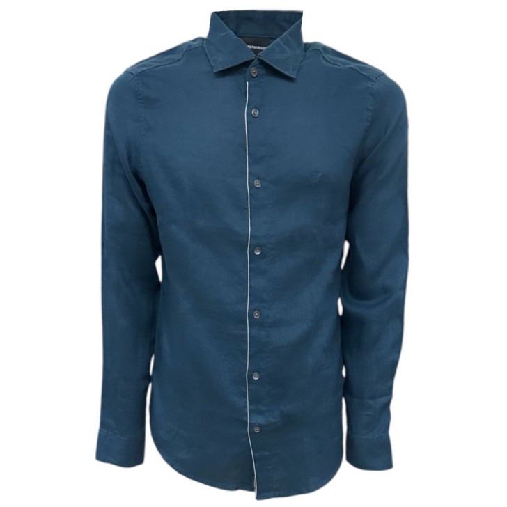 Emporio Armani camicia in lino Blu con logo a contrasto