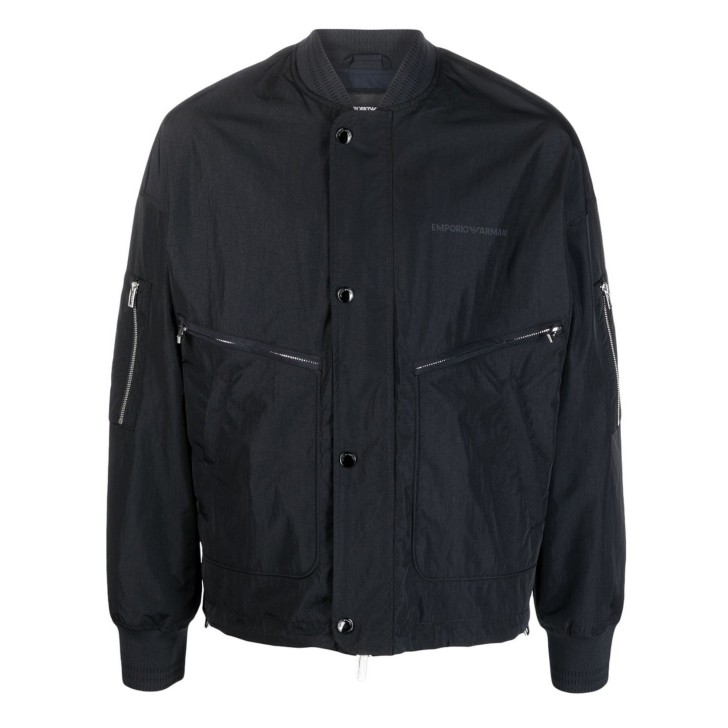 EMPORIO ARMANI BLOUSON JACKET BLU CON LOGO LETTERING E MULTITASCHE CON CHIUSURA ZIP 