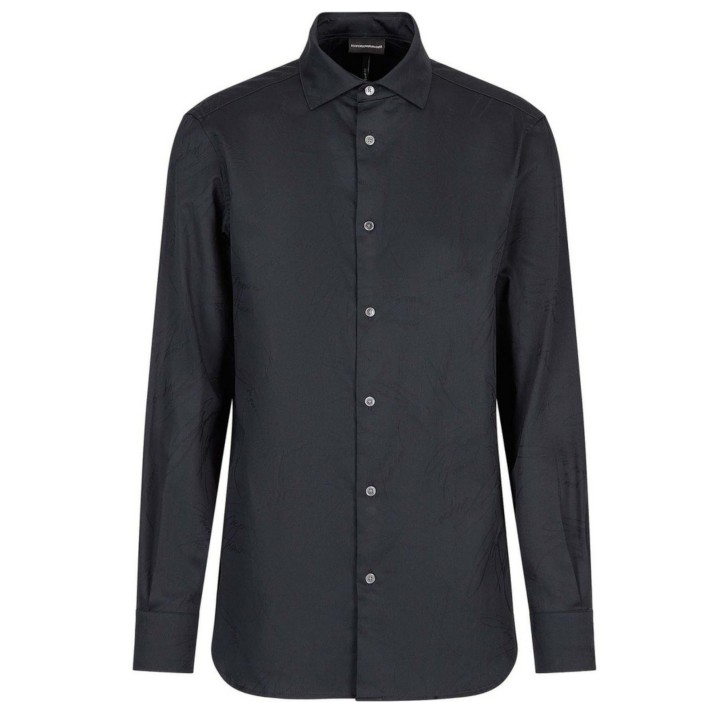 EMPORIO ARMANI CAMICIA REGULAR FIT A MANICA LUNGA IN COTONE BLU NAVY CON LOGO LETTERING ALL OVER