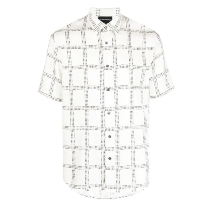 EMPORIO ARMANI CAMICIA IN LYOCELL A MANICA CORTA WHITE CON LOGO LETTERING BLACK ALL OVER