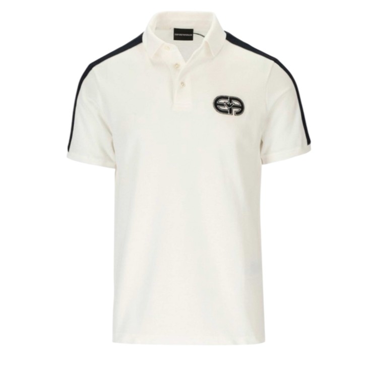 EMPORIO ARMANI POLO A MANICA CORTA IN COTONE WHITE E PATCH CON LOGO EA RICAMATO BLUE 