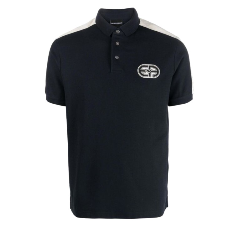 EMPORIO ARMANI POLO A MANICA CORTA IN COTONE BLU NAVY E PATCH CON LOGO EA RICAMATO BLUE E BEIGE