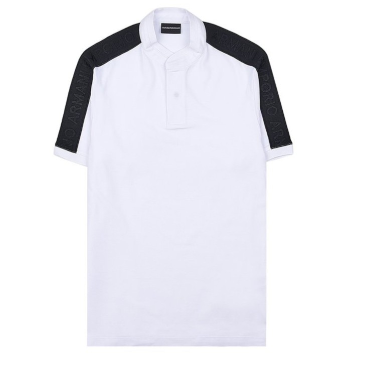 EMPORIO ARMANI POLO CON COLLO ALLA COREANA A MANICA CORTA WHITE CON BANDE BLACK CON LOGO LETTERING