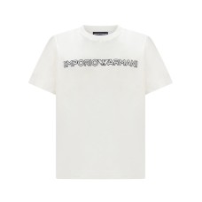 Emporio Armani T-Shirt Bianca a manica corta in jersey misto cotone e Tencel con logo lettering ricamato a rilievo