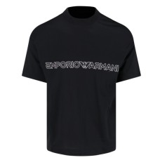 EMPORIO ARMANI T-SHIRT A MANICA CORTA BLACK IN JERSEY MISTO COTONE E TENCEL CON LOGO LETTERING RICAMATO