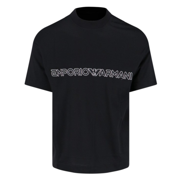 EMPORIO ARMANI T-SHIRT A MANICA CORTA BLACK IN JERSEY MISTO COTONE E TENCEL CON LOGO LETTERING RICAMATO