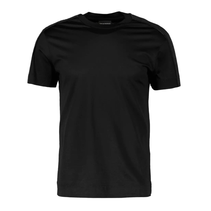 Emporio Armani T-Shirt a manica corta Nera in jersey di cotone e misto Tencel con bande in nastro sulle spalle con logo lettering