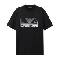 Emporio Armani T-Shirt Nera a manica corta in jersey misto cotone e Tencel con maxi logo lettering e logo Aquila Grigio