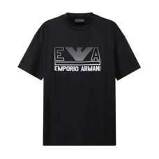 Emporio Armani T-Shirt Nera a manica corta in jersey misto cotone e Tencel con maxi logo lettering e logo Aquila Grigio