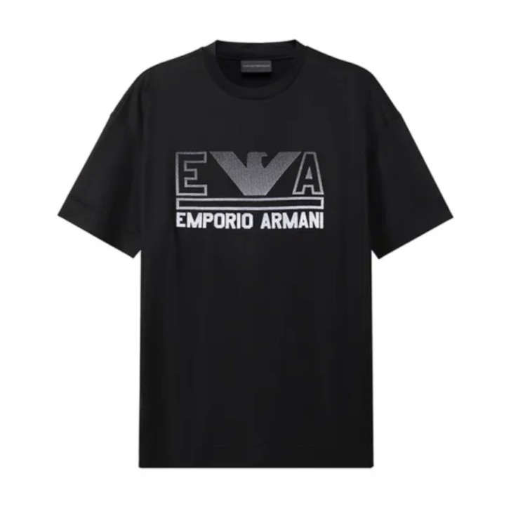 Emporio Armani T-Shirt Nera a manica corta in jersey misto cotone e Tencel con maxi logo lettering e logo Aquila Grigio