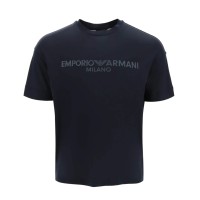 EMPORIO ARMANI T-SHIRT IN LYOCELL A MANICA CORTA BLU NAVY CON LOGO LETTERING TONO SU TONO	