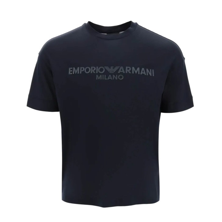 EMPORIO ARMANI T-SHIRT IN LYOCELL A MANICA CORTA BLU NAVY CON LOGO LETTERING TONO SU TONO	