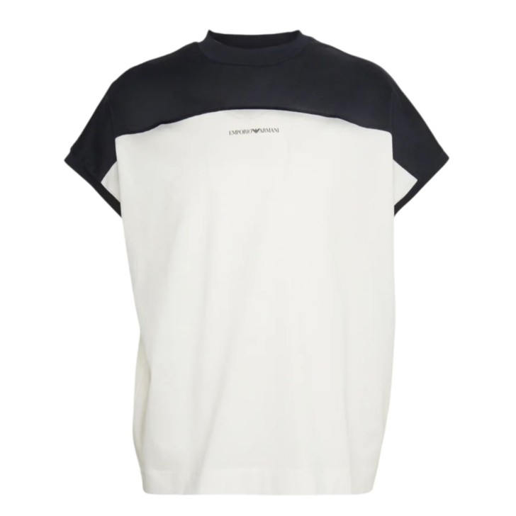 EMPORIO ARMANI T-SHIRT A GIROMANICA DA UOMO BLU E BIANCA CON LOGO LETTERING NELLA PARTE ANTERIORE 