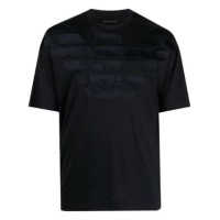 Emporio Armani T-shirt Blu Navy a manica corta in jersey misto cotone e Tencel con maxi logo Aquila ricamato