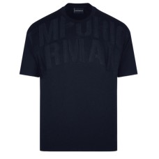 Emporio Armani T-shirt Blu Navy a manica corta in jersey misto cotone e Tencel con maxi logo lettering ricamato 