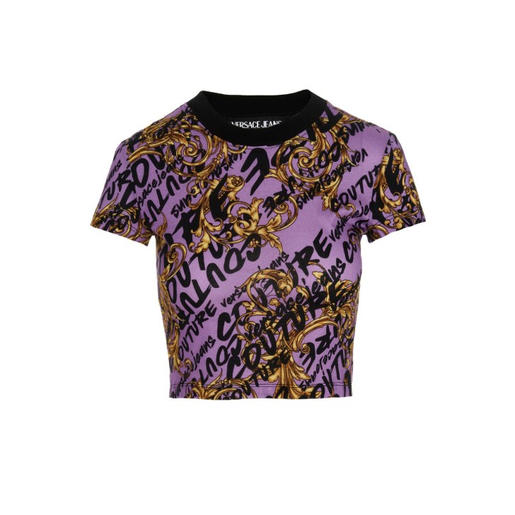 Versace Jeans Couture T-shirt corta Lilla con stampa Logo Brush Couture All Over