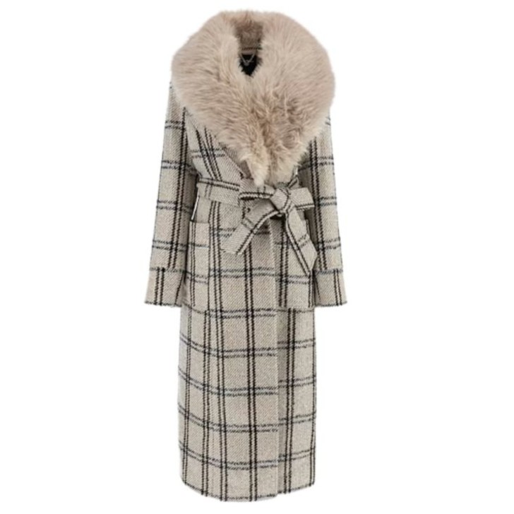 GUESS BY MARCIANO CAPPOTTO ROSA CIPRIA CON MANICHE LUNGHE A QUADRI WINDOWPANE IN CALDO MISTO LANA 