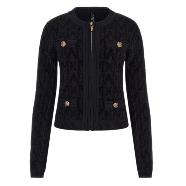 GUESS BY MARCIANO HERMIONE CHENILLE CARDIGAN NERO A MANICA LUNGA CON MONOGRAMMA IN CINIGLIA 