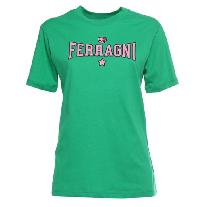 Chiara Ferragni T-shirt regular fit verde in cotone a manica corta con logo FERRAGNI rosa stampato