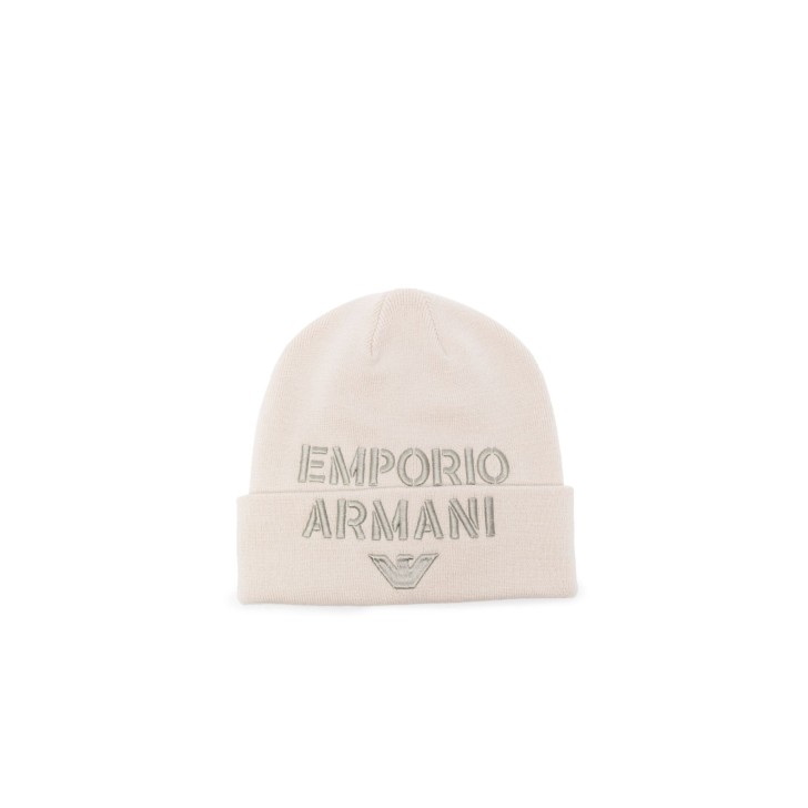 EMPORIO ARMANI BERRETTO IN MISTO LANA BEIGE CON MAXI LOGO LETTERING RICAMATO	