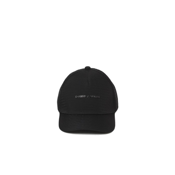 EMPORIO ARMANI CAPPELLO DA BASEBALL BLACK IN NYLON JACQUARD LOGO LETTERING ALL OVER E LOGO LETTERING IN METALLO 