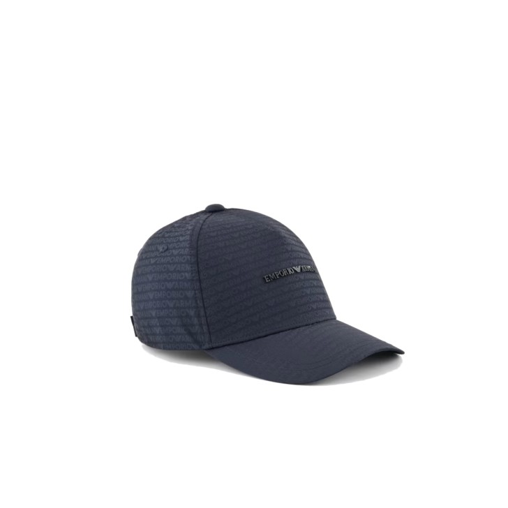 EMPORIO ARMANI CAPPELLO DA BASEBALL BLUE IN NYLON JACQUARD LOGO LETTERING ALL OVER E LOGO LETTERING IN METALLO	