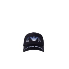 EMPORIO ARMANI CAPPELLO DA BASEBALL BLUE CON LOGO LETTERING RICAMATO SFUMATO SKY BLUE E WHITE 