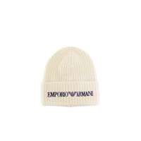 EMPORIO ARMANI CAPPELLO IN LANA BIANCO DA UOMO CON LOGO LETTERING IN BLU NELLA PARTE ANTERIORE 