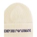 EMPORIO ARMANI CAPPELLO IN LANA BIANCO DA UOMO CON LOGO LETTERING IN BLU NELLA PARTE ANTERIORE 