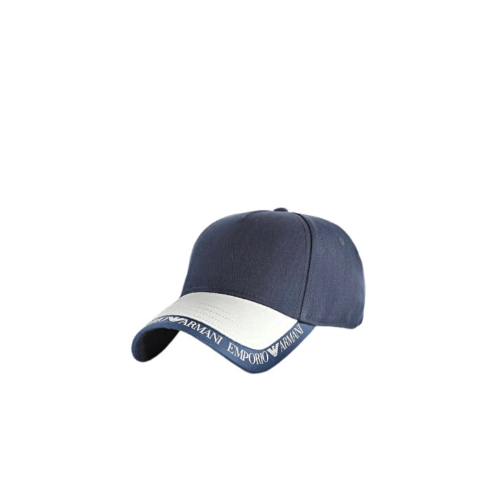 EMPORIO ARMANI CAPPELLO DA BASEBALL BLU NAVY CON VISIERA LOGO LETTERING E INSERTO IN SAFFIANO WHITE