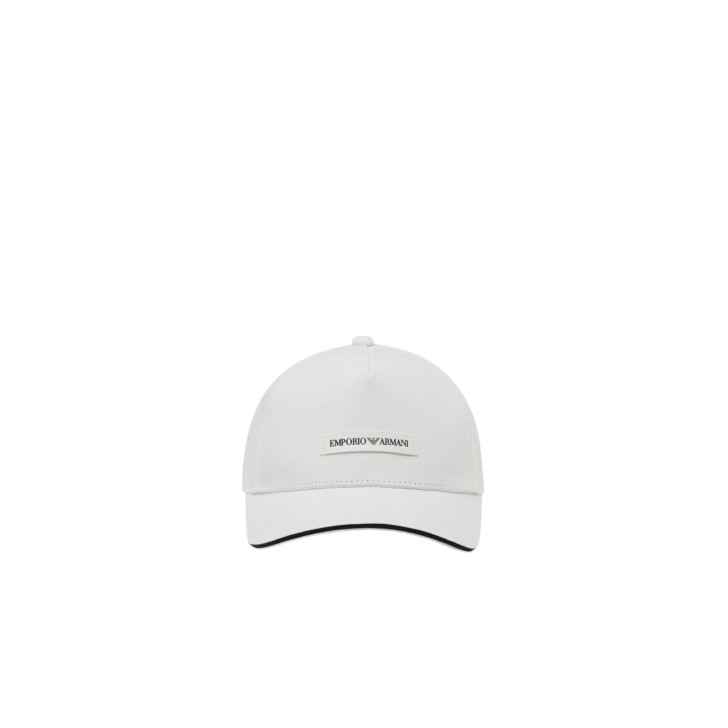 EMPORIO ARMANI  CAPPELLO DA BASEBALL WHITE CON PATCH IN LEATHER WHITE CON LOGO LETTERING BLUE