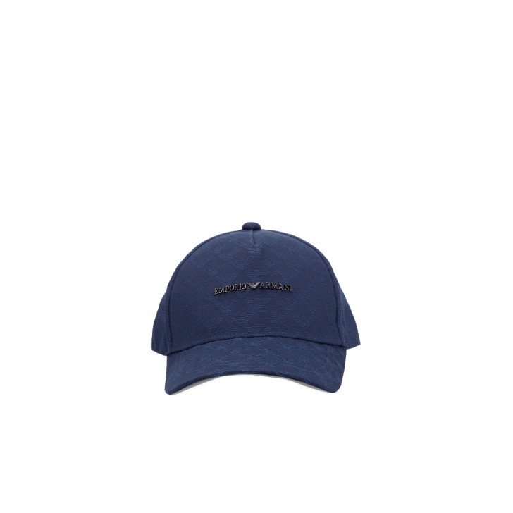 EMPORIO ARMANI CAPPELLO DA BASEBALL BLUE IN TESSUTO JACQUARD EAGLE ALL OVER E LOGO LETTERING